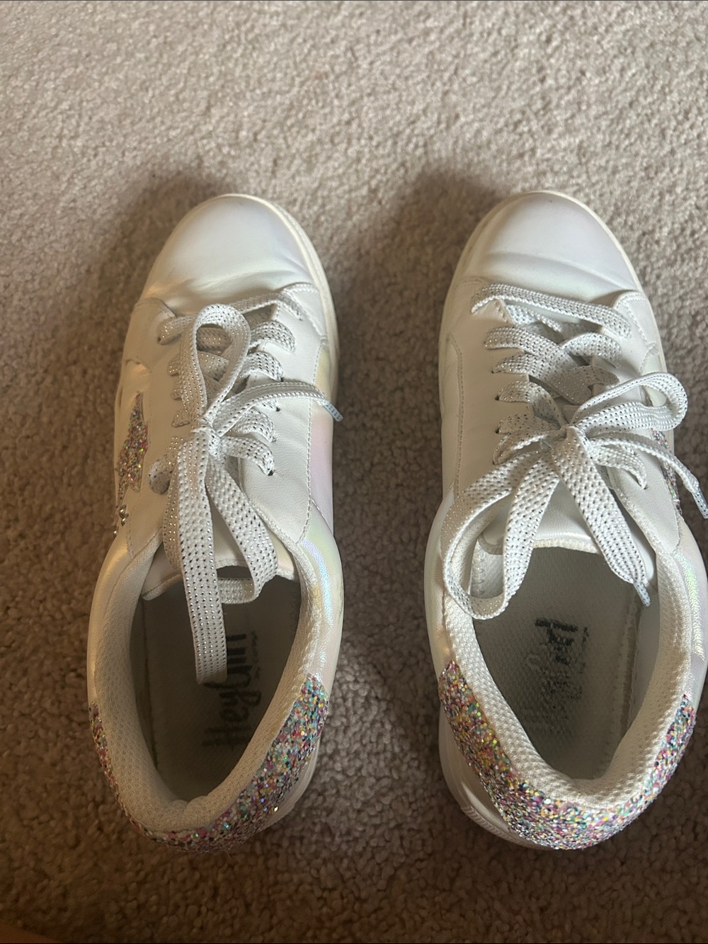 White Sneakers with Multicolor Glitter Heel Accent
